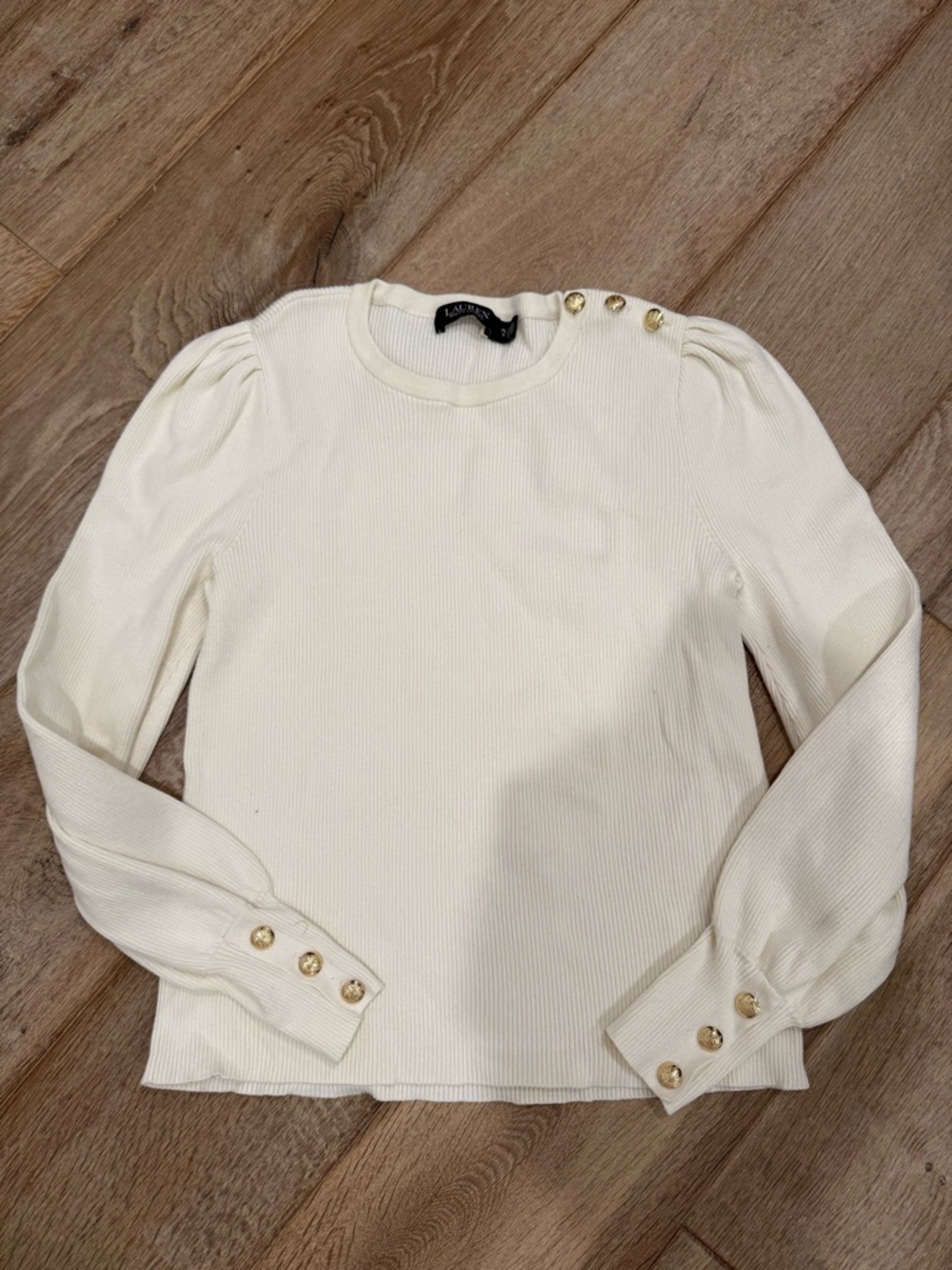 Ralph Lauren Cream Puff-Sleeve Long Sleeve Top with Gold Buttons